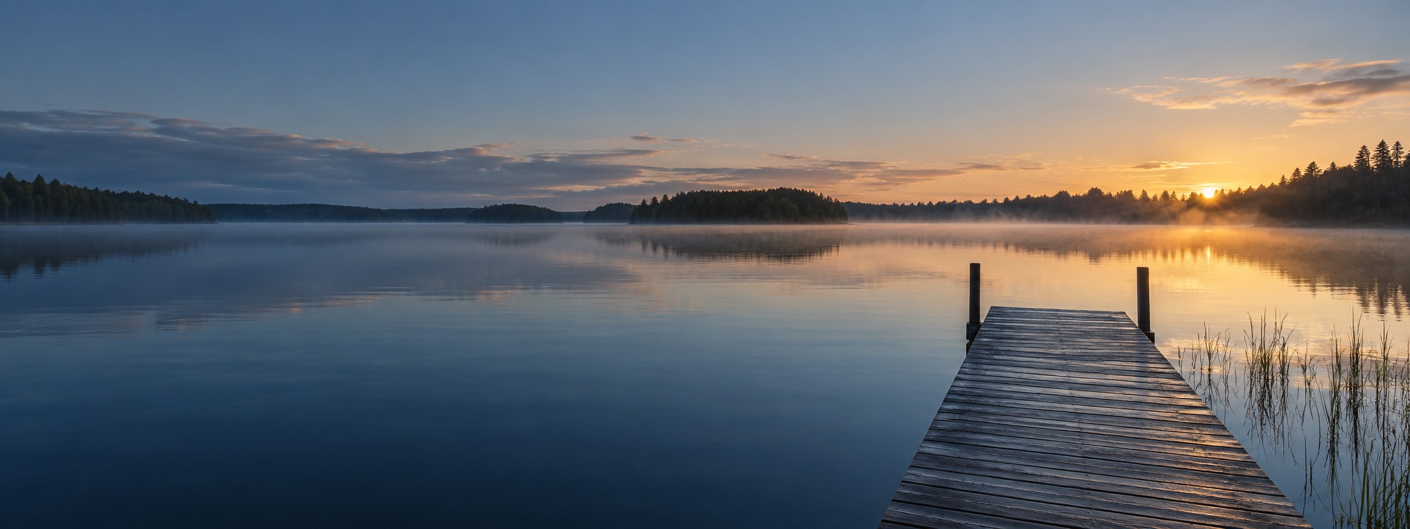 Rauhallinen järvimaisema ja puinen laituri aamun valossa